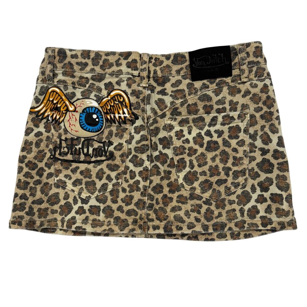 Von Dutch Originals Leopard Print Y2K Mini Skirt Flying Eyeball Women Size S EUC - Picture 2 of 11